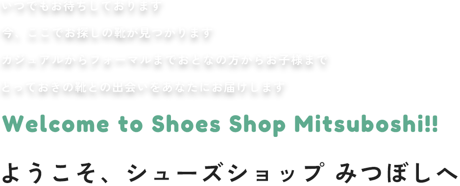 enjoy your Welcome to Shoes Shop Mitsuboshi!!